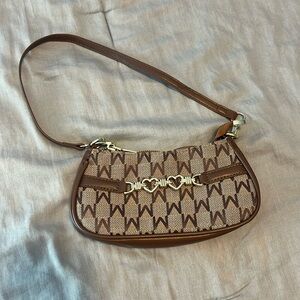 Brown mini shoulder bag with gold heart detailing